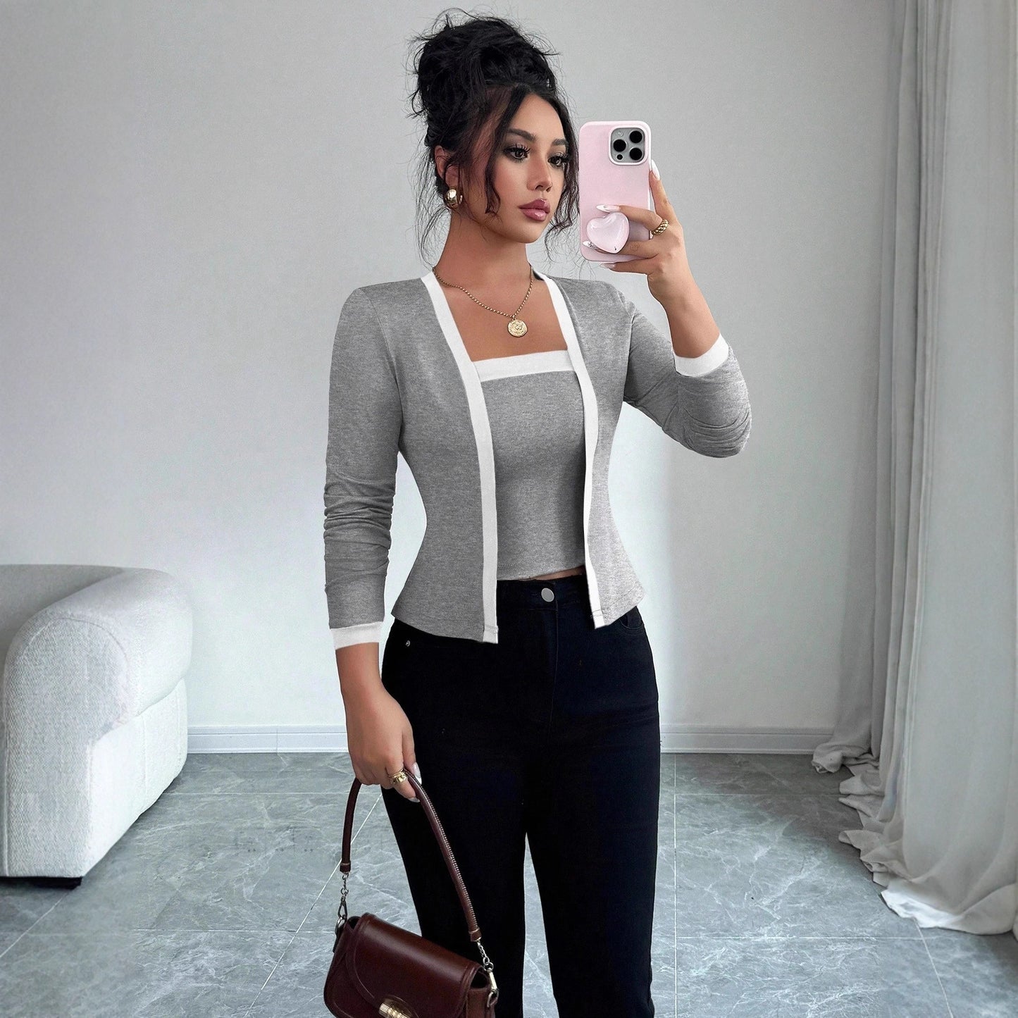 Colorblock Women's Cardigan Blazer Jacket + Vest 2-Piece Office Top