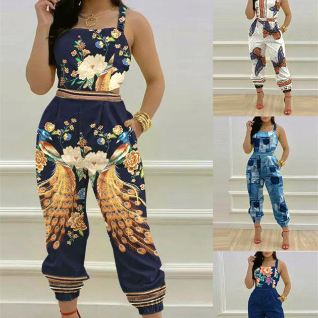 Flower/Butterfly/Faux Denim Colorblock Women's Jumpsuit to 3X Plus Size