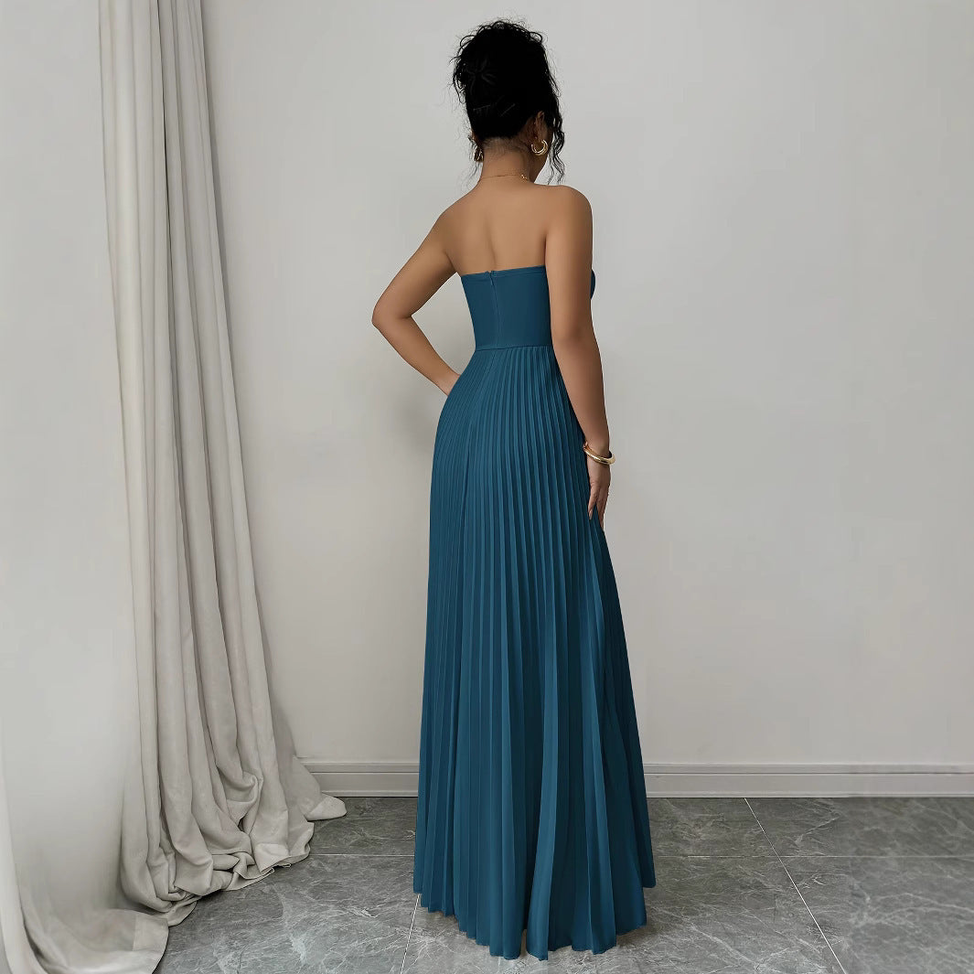 French Sleeveless Pleated Closet Top Solid Color Maxi Formal Tube Dress