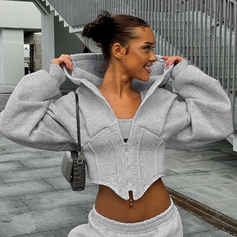 Corset Design Streetwear Long Sleeve Women's Zipper Hip-Hop Hoodie Jacket