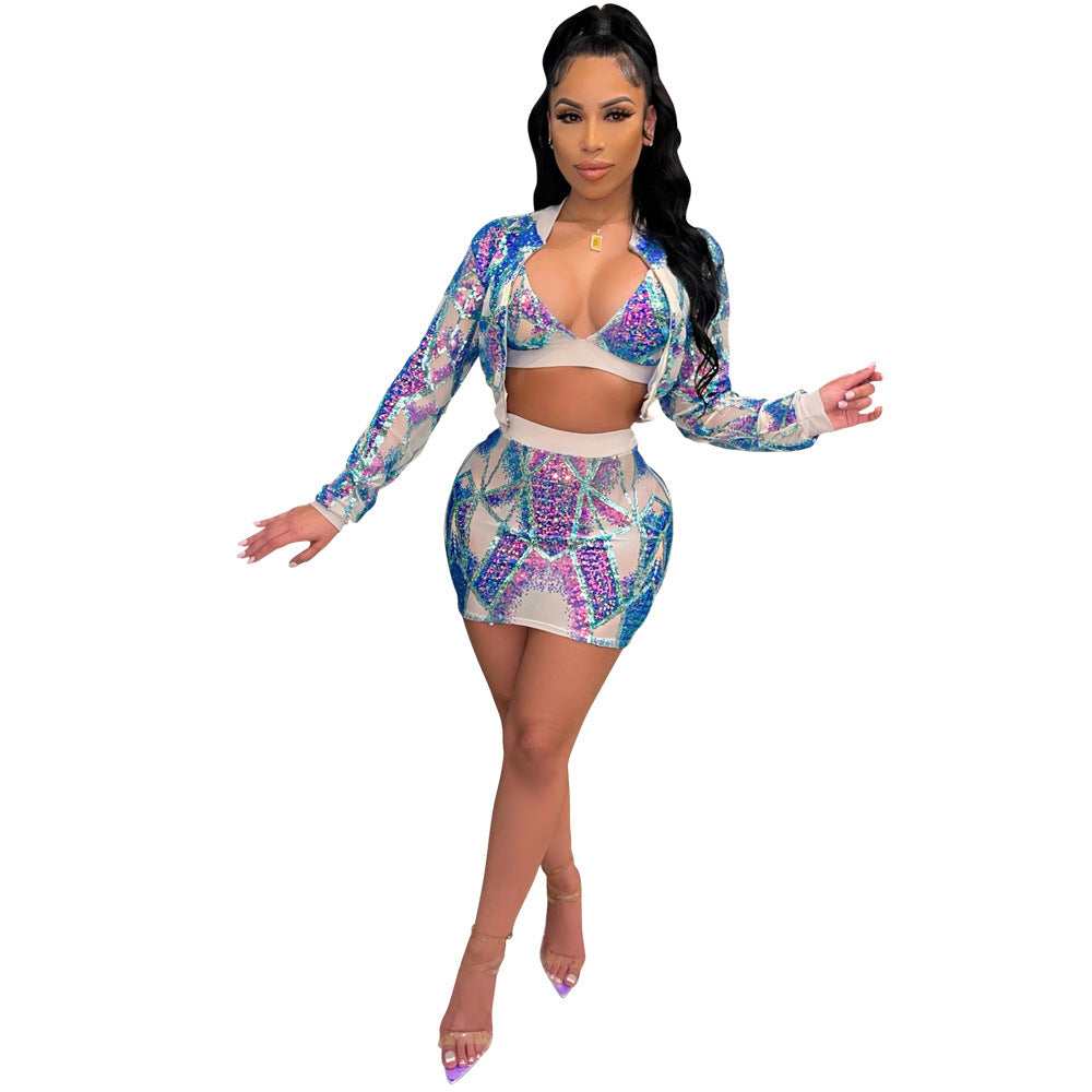 Tropical Print Women's Sequin Zipper Bomber Jacket + Bra + Mini Skirt Matching 3-Piece Set