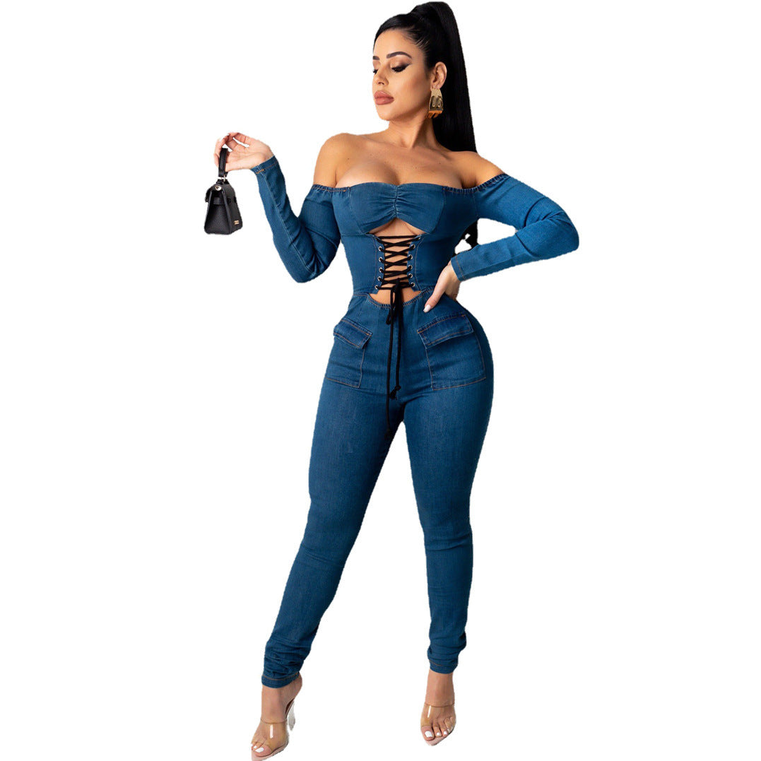 Denim Lace-Up  Long Sleeve Zipper Back Off-the-Shoulder Women's Skinny Jean Jumpsuit