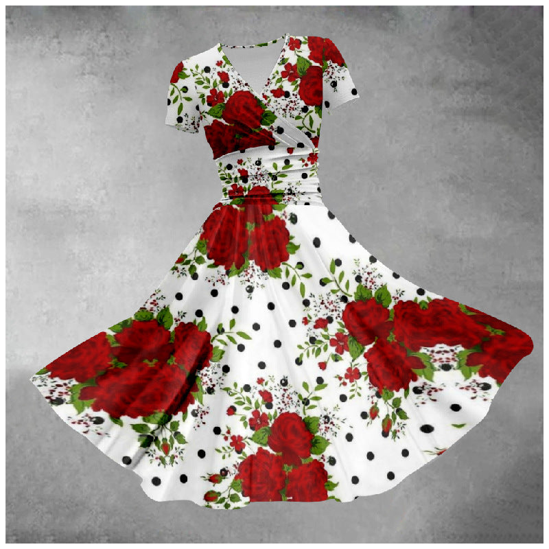 Pastel Rainbow Striped Colorblock/Flower Print V-Neck Short Sleeve Midi Big Swing Dress to 5X Plus Size