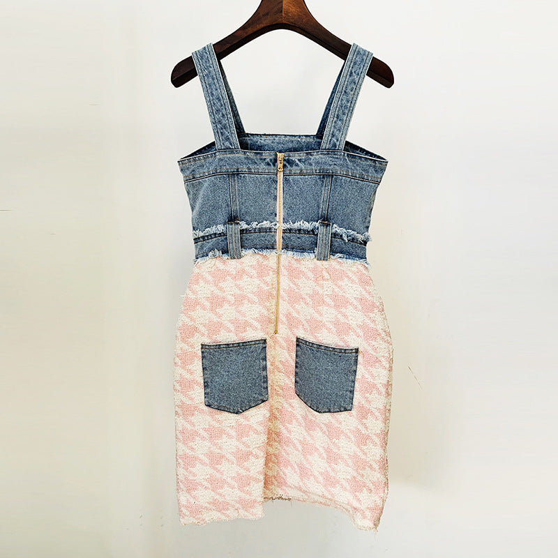 Knitted Houndstooth Denim Fleece Multi-Pocketed Patchwork Tassel Fringe Sling Mini Tank Jean Dress