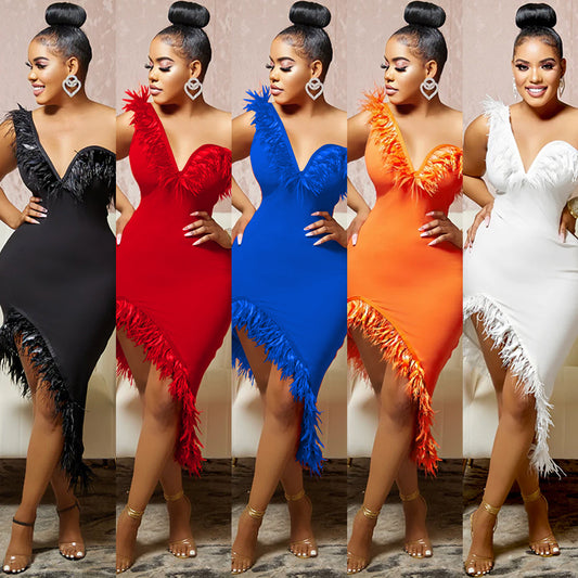 Asymmetrical One Shoulder Feather Design V-Neck Sleeveless Irregular Formal Midi Dress