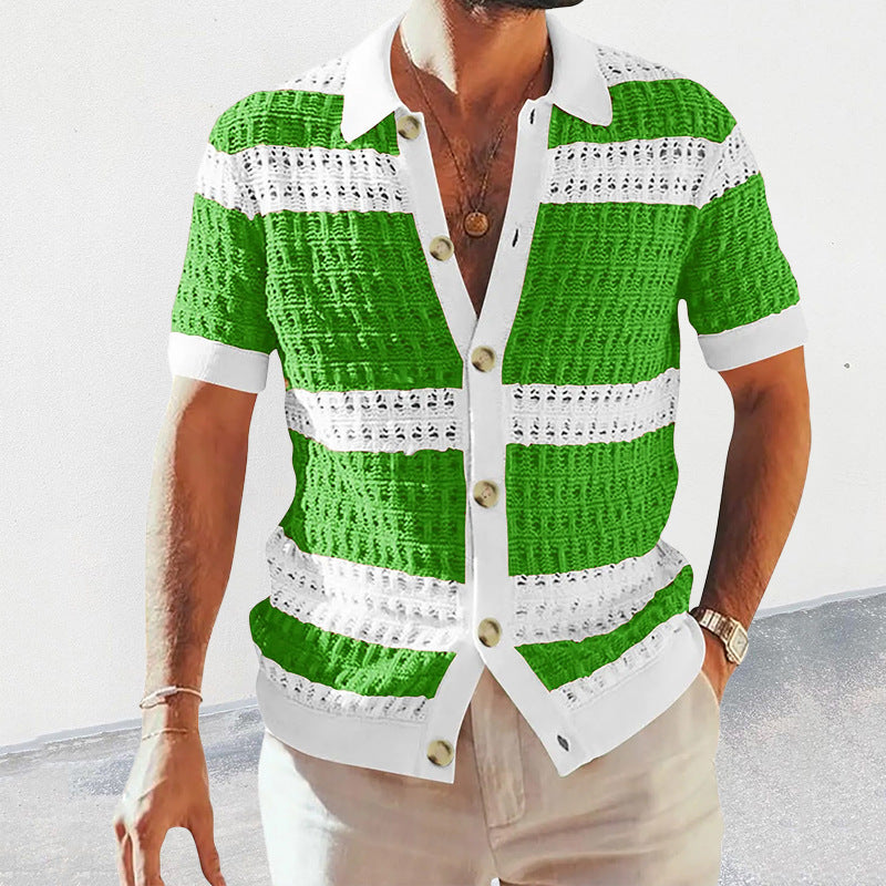 Men's English Knitted Crochet Striped Button-Up Short Sleeve Beach Polo Shirt