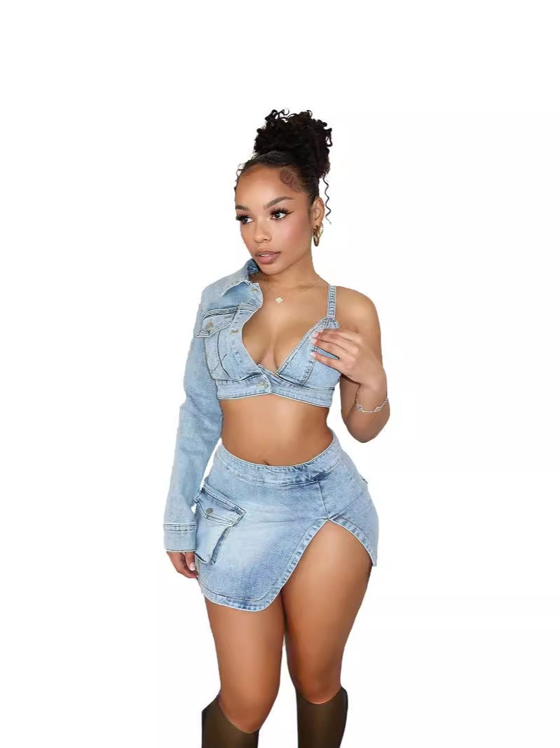 Irregular Light Blue Washed Denim One Sleeve Stretch Hollow-Out Cami Crop Top + Cargo Pocketed Side Slit Women's 2-Piece Set