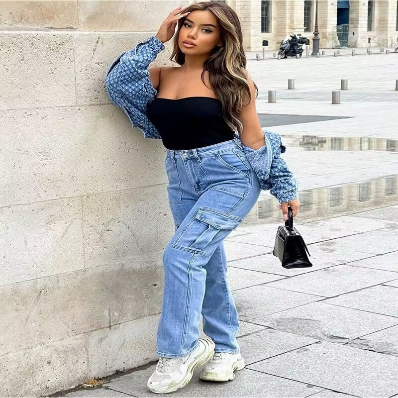 Denim Faded Blue Multi-Pocketed Wide Leg Cargo Jeans to 3X Plus Size