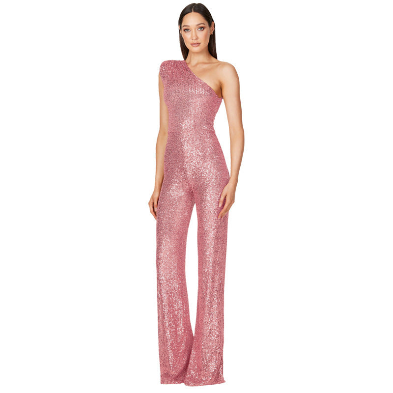Sequin Sleeveless Sparkling Glitter Asymmetrical One Shoulder Women's Jumpsuit