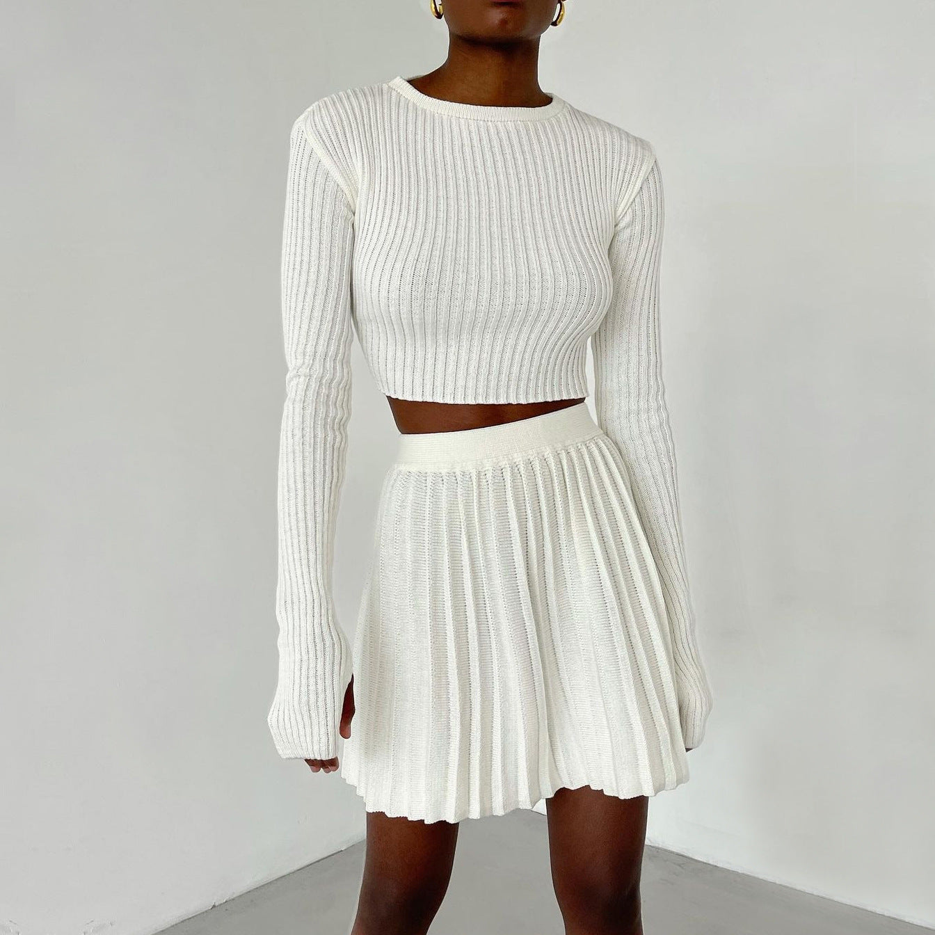 Ribbed Knitted Solid Color Women's Long Sleeve Sweater + Pleated Mini Skirt 2-Piece Set