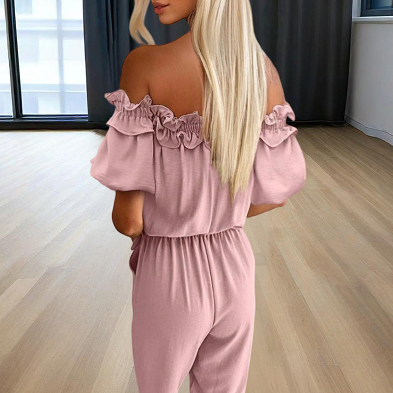 Floral Ruffled Solid Color Women's Off-the-Shoulder Sash Belt Jumpsuit