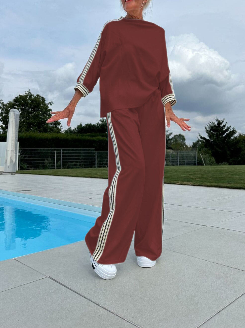 Side Striped Oversized Loose Long Sleeve Sports Shirt + Baggy Sweatpants 2-Piece Set to 3X Plus Size