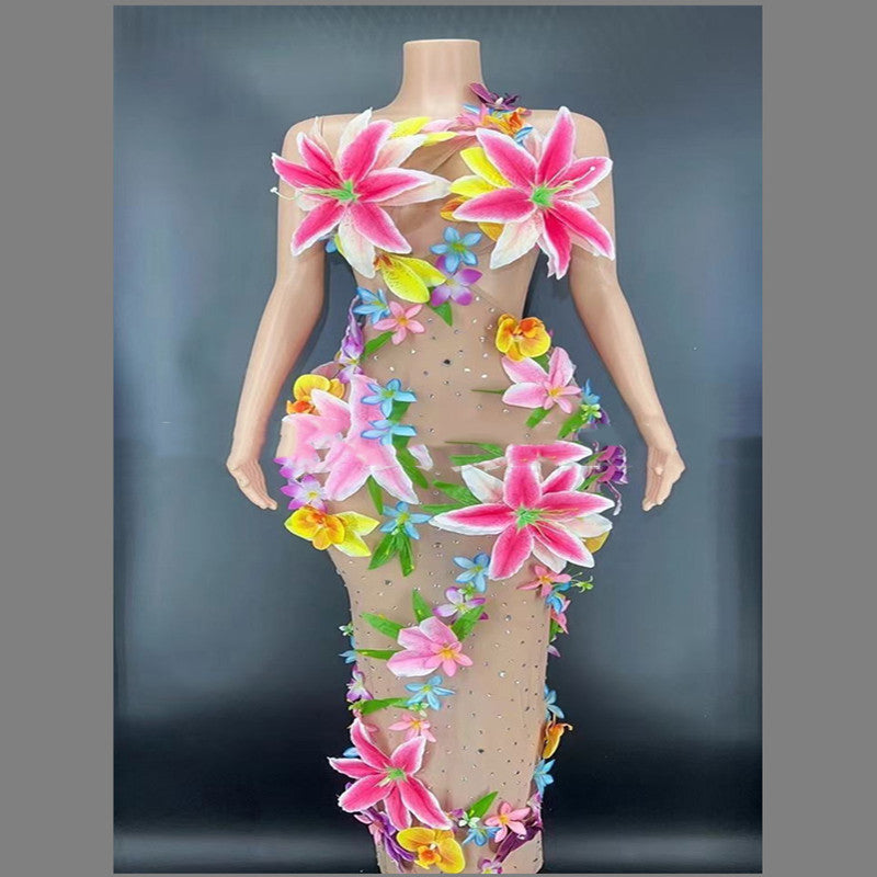 Big Flower Rhinestone Embellished Sleeveless Sheer Transparent Maxi Performance Costume Formal Maxi Dress