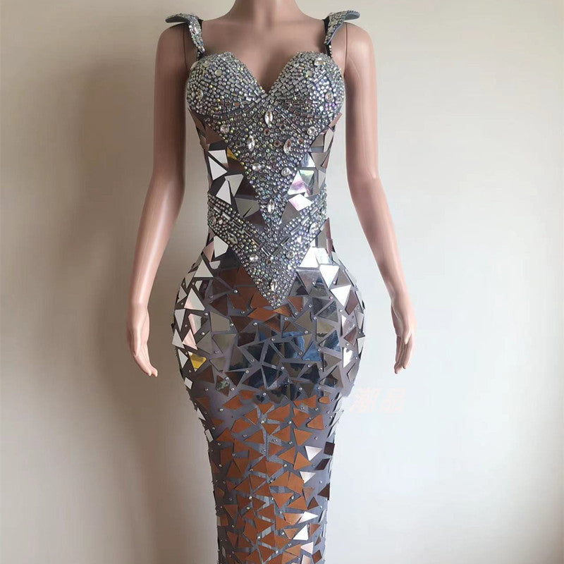 Silver Sparkling Sequin Rhinestone Geometric Mirror Effect Zipper Back Formal Maxi Party/Prom Dress