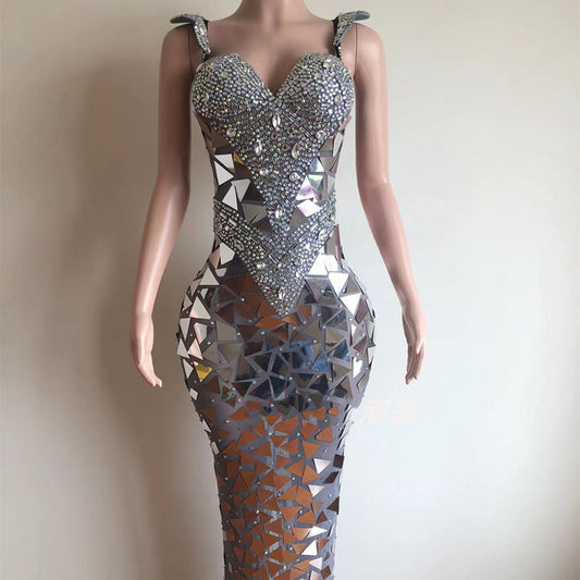 Silver Sparkling Sequin Rhinestone Geometric Mirror Effect Zipper Back Formal Maxi Party/Prom Dress