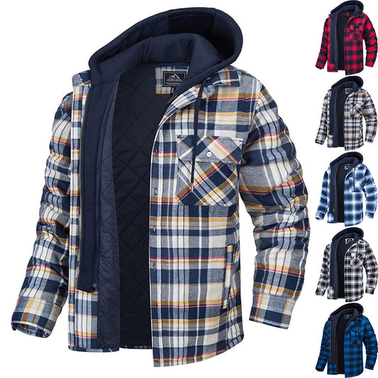 Men's Plaid Pocketed Button Thick Padded Drawstring Layered Zipper Hoodie Jacket