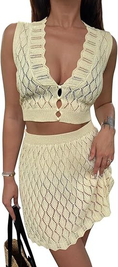 Crochet Swimsuit Cover-Up Sleeveless V-Neck Crop Top + Mini Skirt Women's 2-Piece Set