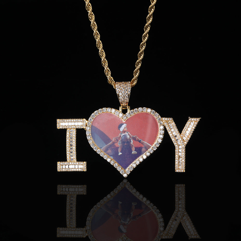 Customized Cubic Zirconia Letter Patchwork Heart Photo Pendant Chain Necklace