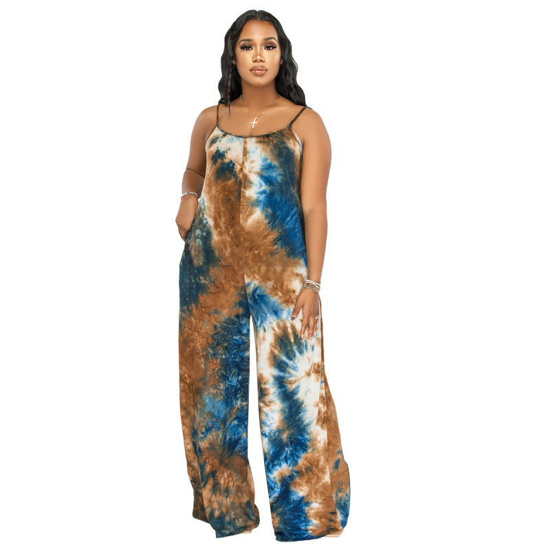 Tie-Dye Print Sleeveless Wide Leg Spaghetti Strap Women's Harem Jumpsuit to 5X Plus Size