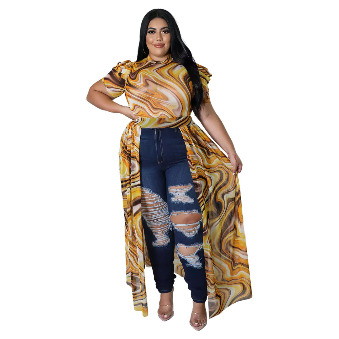 Mesh High-Low Geometric/Floral Pile Sleeve Cut-Out Maxi Blouse to 5X Plus Size