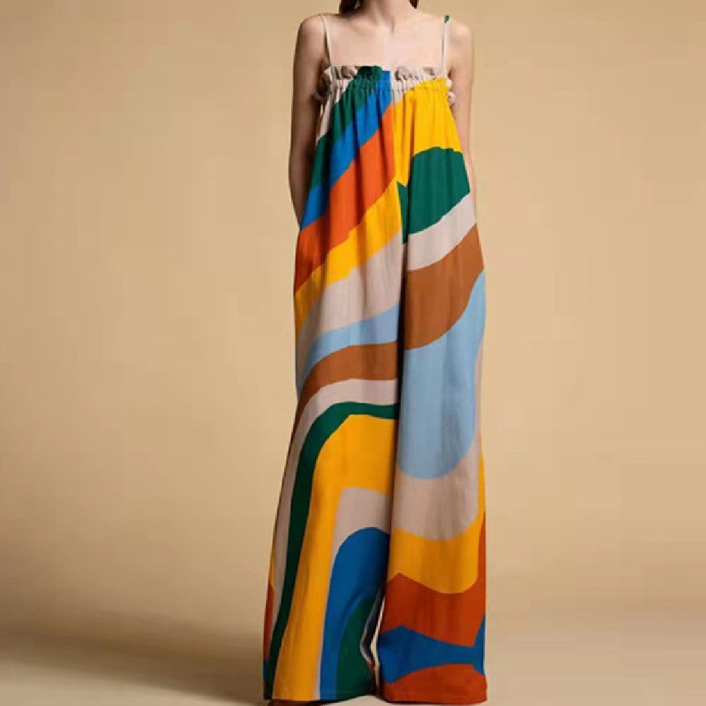 Abstract Geometric Print Women's Sleeveless Halter Neck Wide Leg Jumpsuit