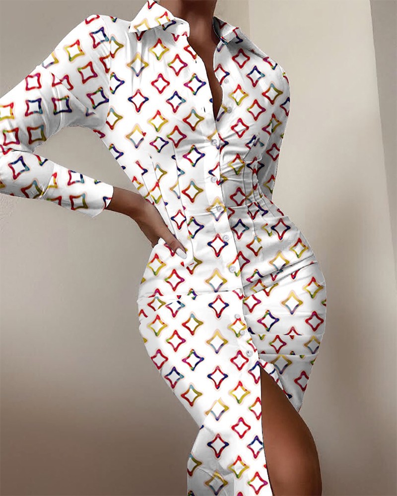 Floral/Striped/Baroque/ Geometric/Colorblock Button-Up Long Sleeve Turn-Down Collar Shirt Dress