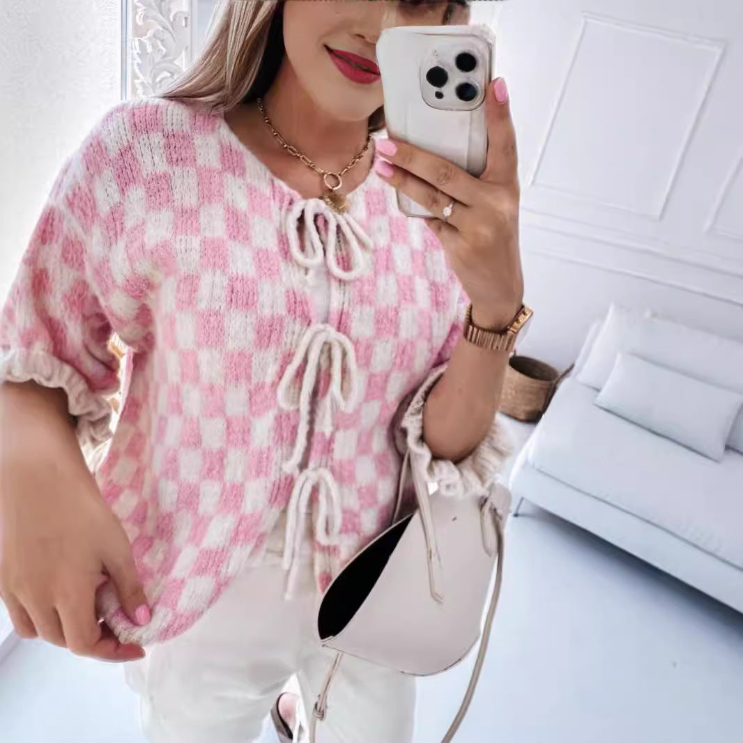 Plaid Checker Colorblock Print Bowknot Design Women's 1/2 Sleeve Sweater