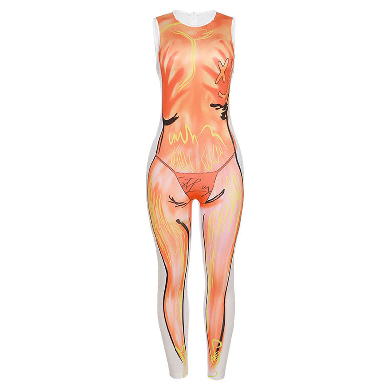 Sleeveless 3D Flame Human Anatomy Print O-Neck Sleeveless Skin Tight Women's Jumpsuit