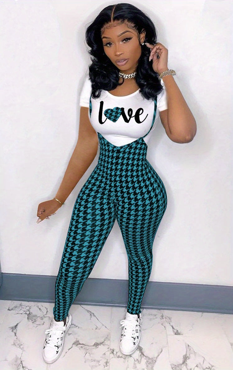 Sleeveless Houndstooth Plaid Print Cami Overalls Jumpsuit w/Love Heart Print T-Shirt Women's 2-Piece Set