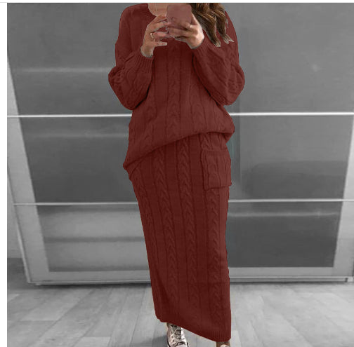 Twisted Weave Pattern Women's Long Sleeve Sweater + Maxi Skirt Knitted 2-Piece Set to 5X Plus Size