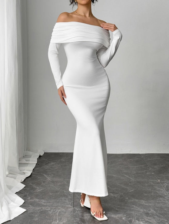 White Off-the-Shoulder Backless Long Sleeve Skinny Fishtail Mermaid Maxi Formal Party Dress