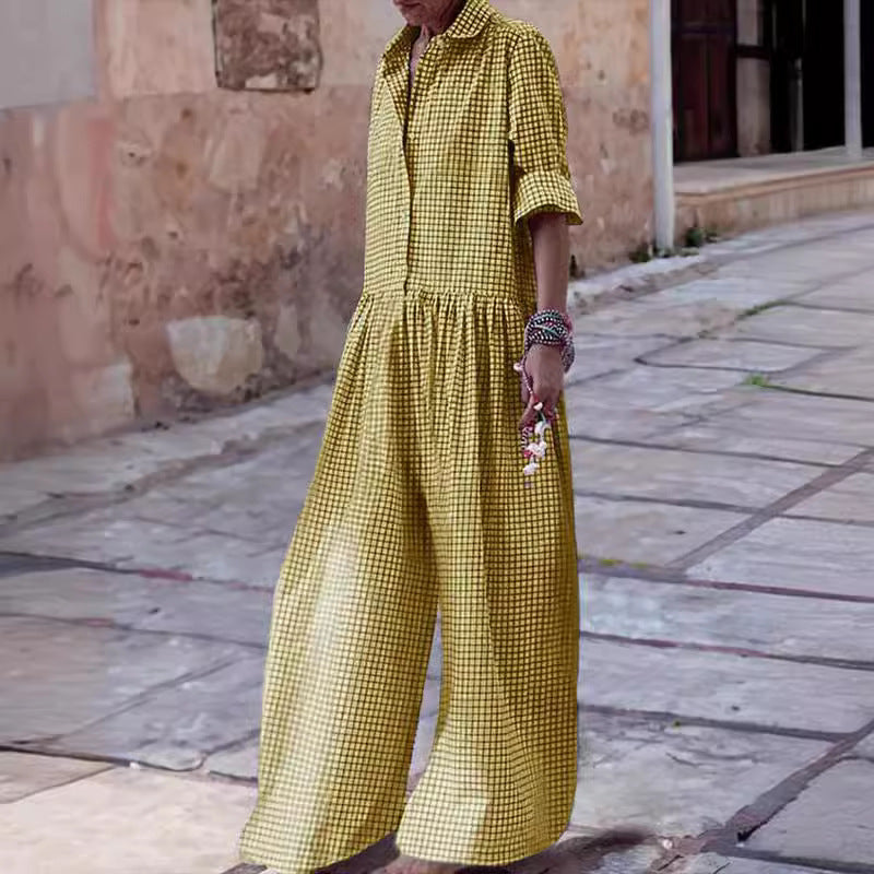 Plaid Print Oversized Turn-Down Collar Long Sleeve Pleated Women's Wide Leg Jumpsuit to 3X Plus Size