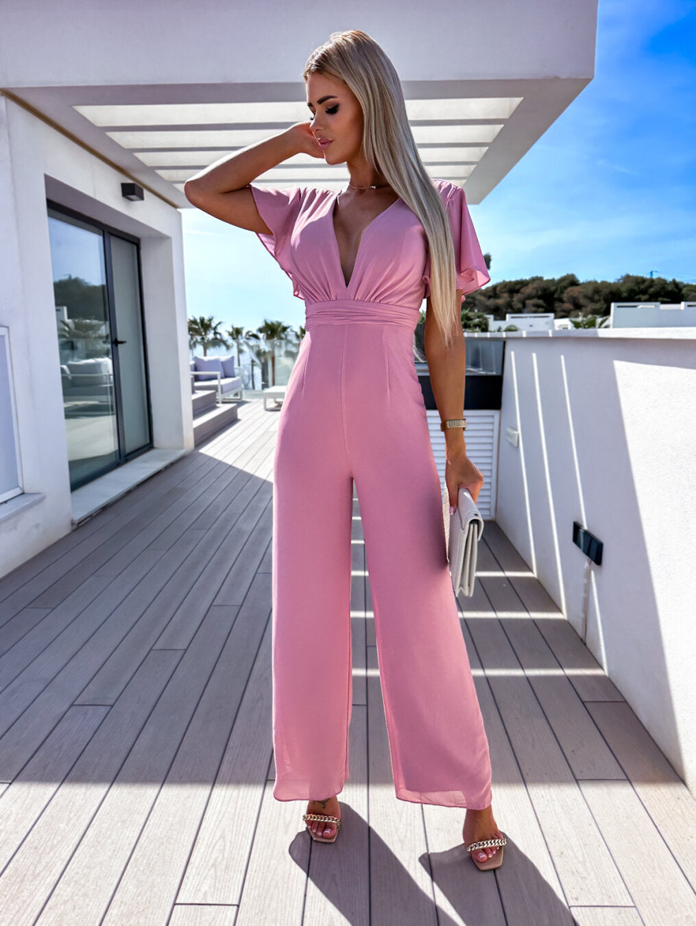 Deep V-Neck Women's Short Sleeve Cinched Waist Wide Leg Trouser Pants Jumpsuit