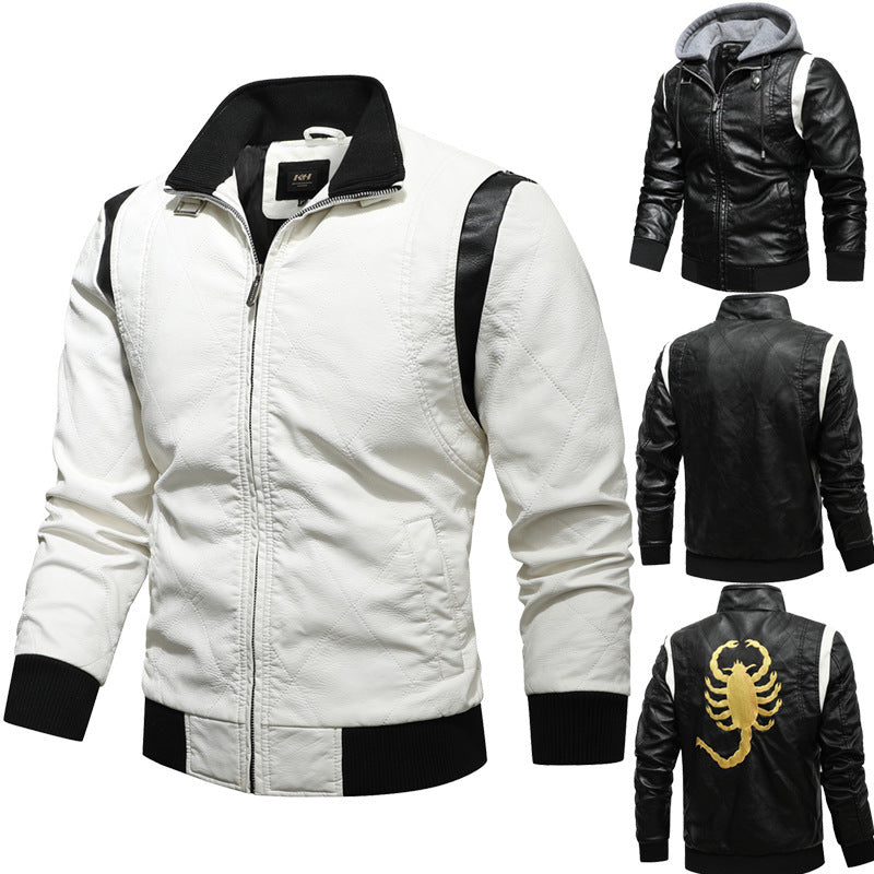 Men's PU Leather Scorpion Embroidered Back Design Drawstring Zipper Hoodie Jacket