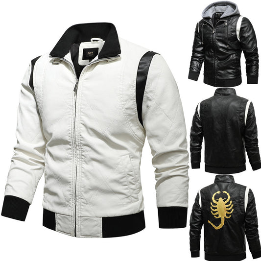 Men's PU Leather Scorpion Embroidered Back Design Drawstring Zipper Hoodie Jacket