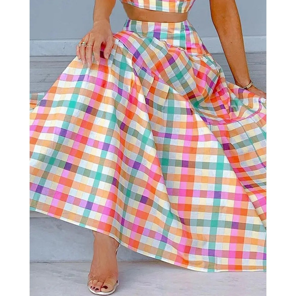 Pastel Plaid Checker Print Bowknot Strap V-Neck Crop Top + Tiered Maxi Skirt Women's 2-Piece Set
