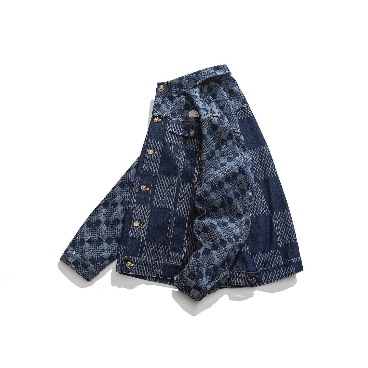 Men's Denim Colorblock Checker Plaid Print Jean Jacket