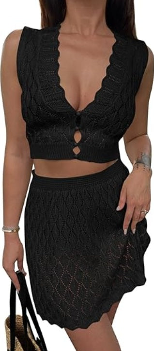 Crochet Swimsuit Cover-Up Sleeveless V-Neck Crop Top + Mini Skirt Women's 2-Piece Set
