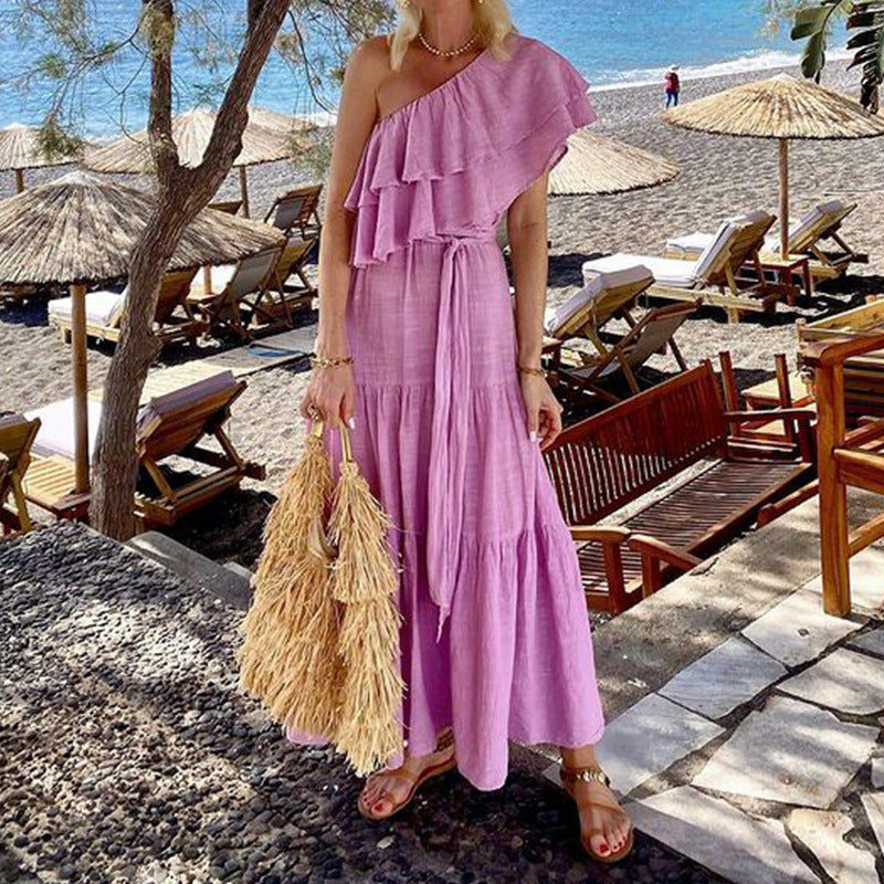 Ruffled Tiered Layered Solid Color Asymmetrical One Shoulder Cotton Linen Sash Belted Maxi Dress