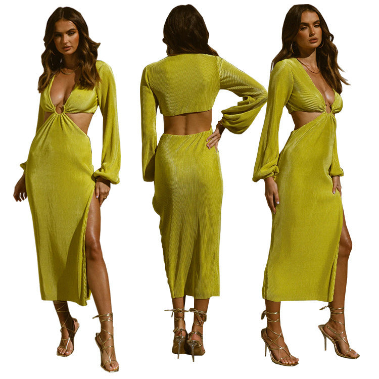 Ribbed Pleated Ring Hollow-Out Design High Side Slit Long Sleeve Maxi Dress