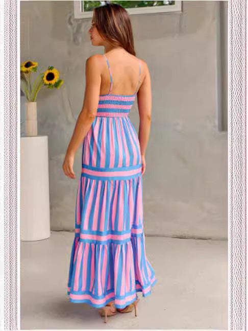 Striped Print Spaghetti Strap Square Neck Backless Maxi Tiered Beach Dress