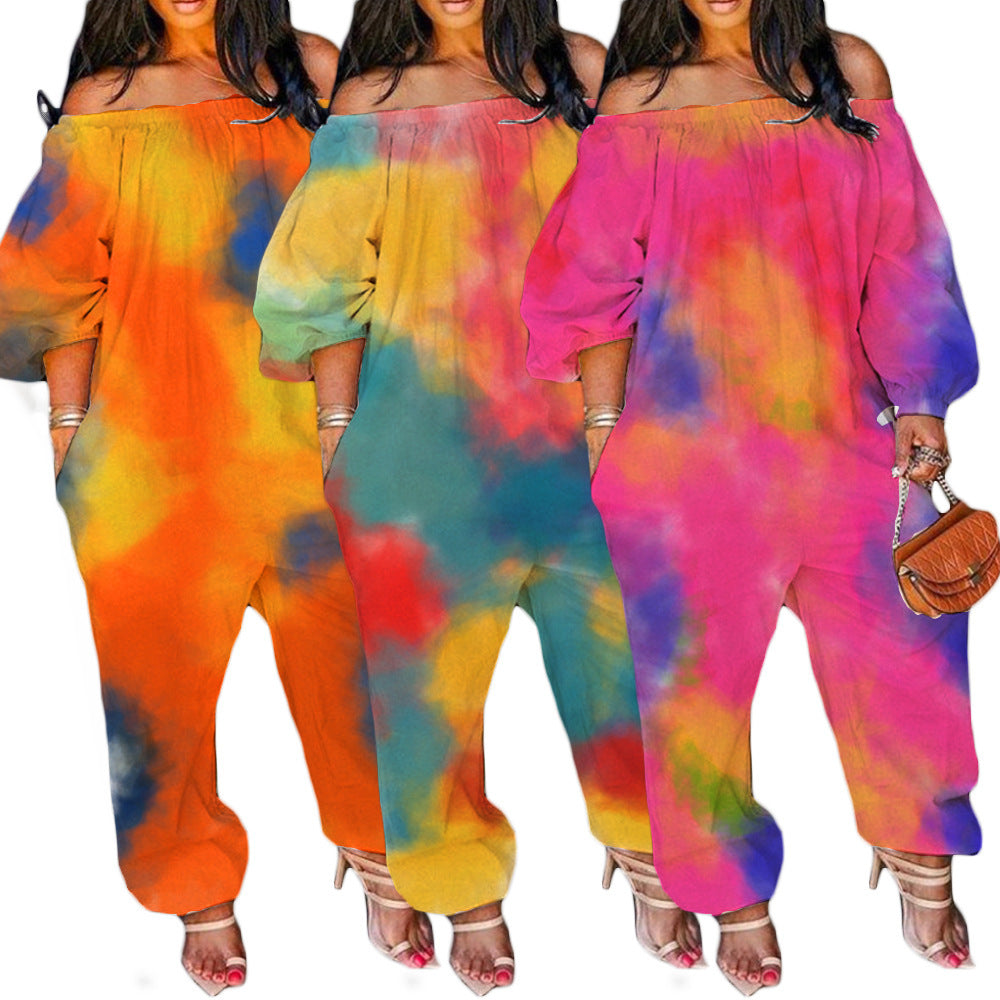 Oversized Tie-Dye Print Off-the-Shoulder Long Sleeve Harem Pants Jumpsuit to 4X Plus Size