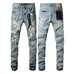Men's Ripped Colorblock Tie-Dye Print Hip-Hop Stretch Skinny Jeans