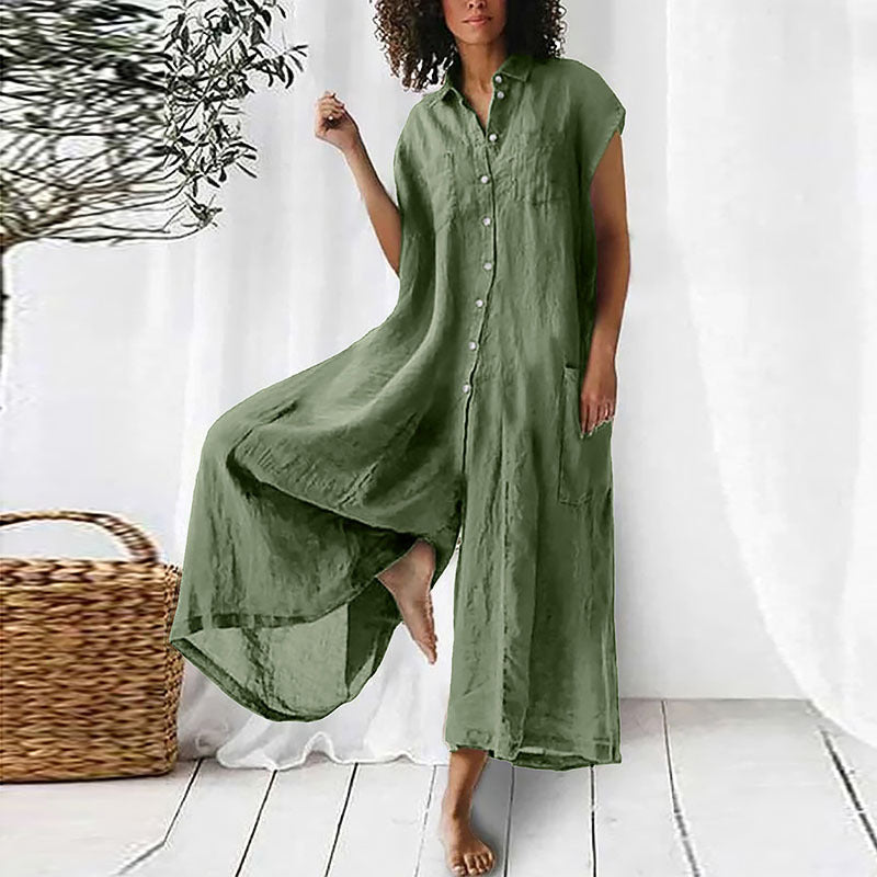 Button-Up Solid Color Short Sleeve Midi Length Women's Wide Leg Jumpsuit