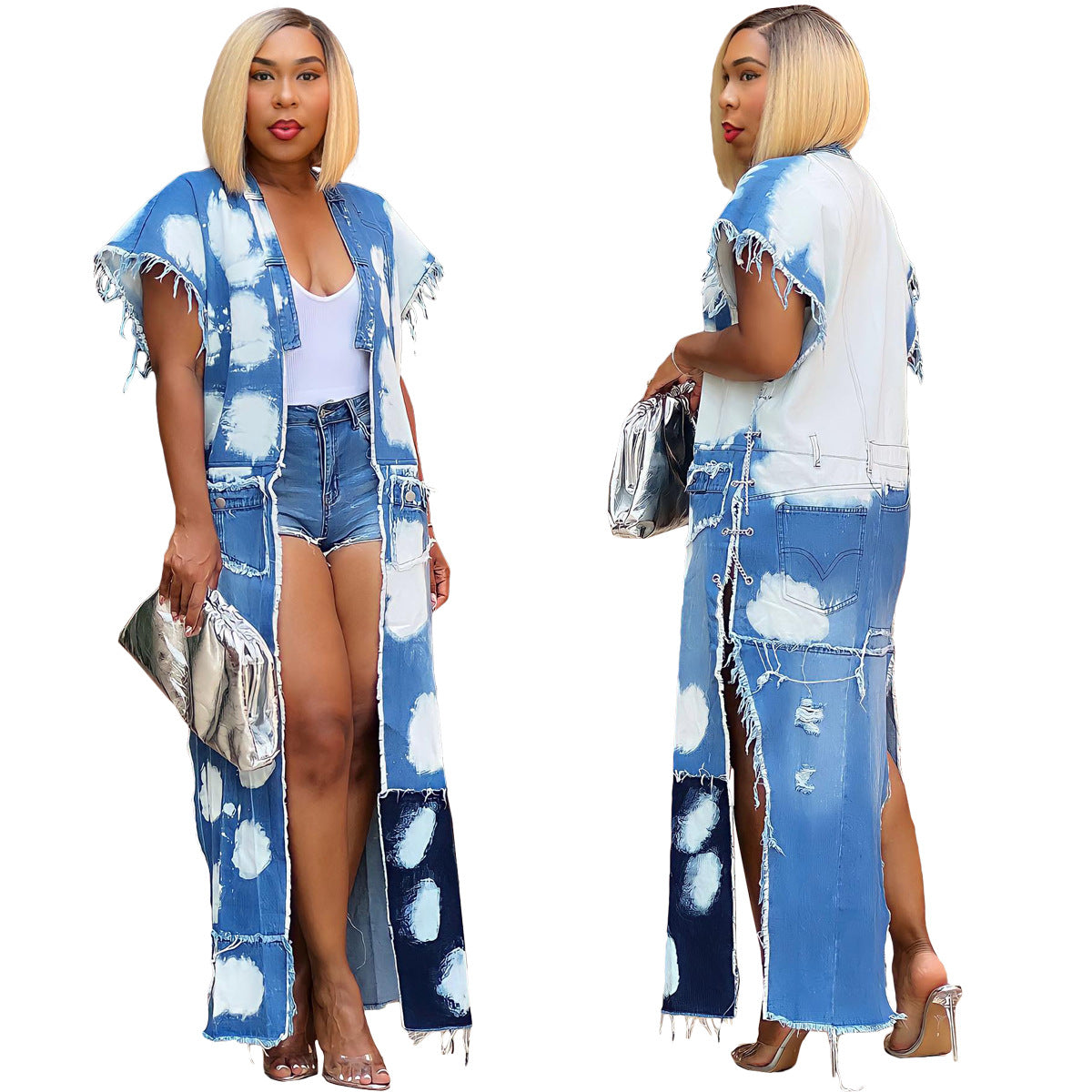 Sleeveless Blue/White Denim Cowhide Print Ripped Tassel Fringe Women's Maxi  Jean Vest