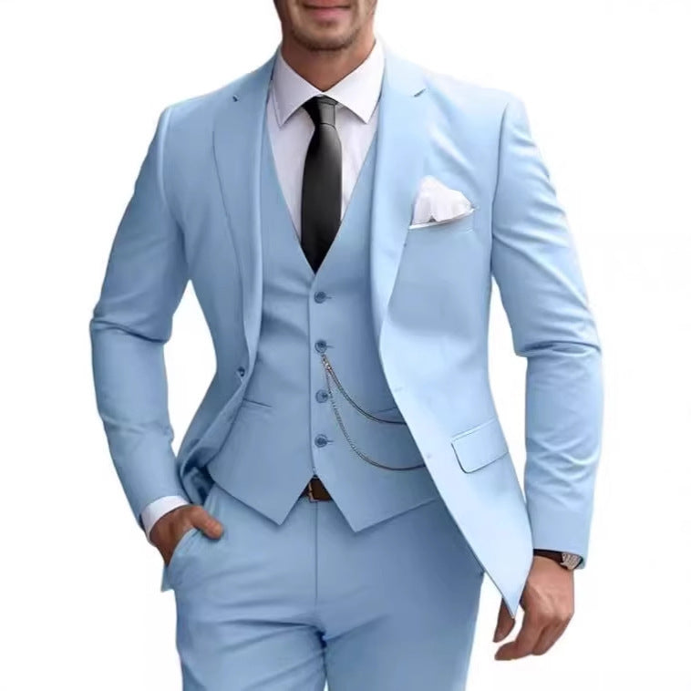 Men's Pocketed Solid Color Single Breasted Blazer w/ Button-Up Vest & Pants 3-Piece Formal Suit