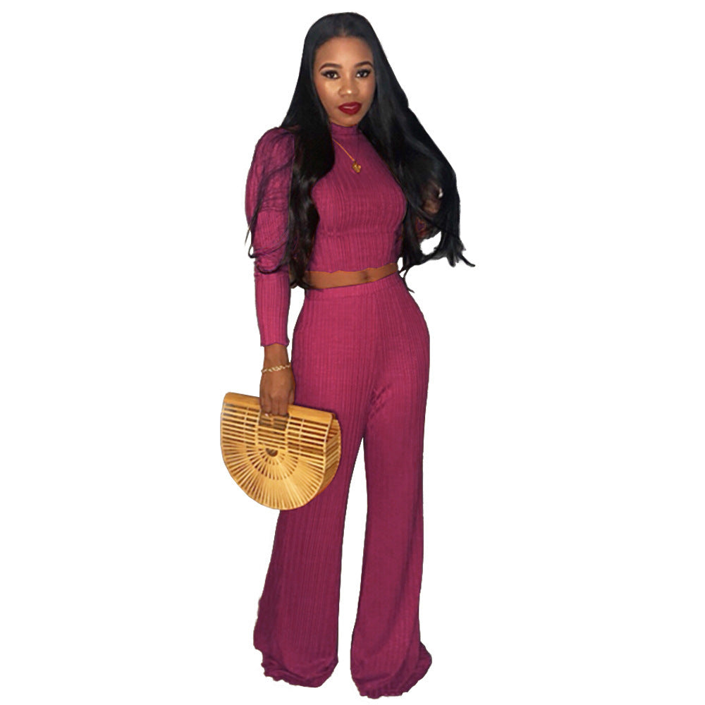 Ribbed Turtleneck Long Sleeve O-Neck Women's Long Sleeve Crop Top + Wide Leg Leggings 2-Piece Set