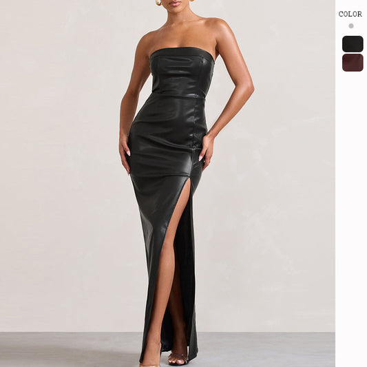 PU Leather Sleeveless Solid Color High Slit Maxi Tube Top Dress