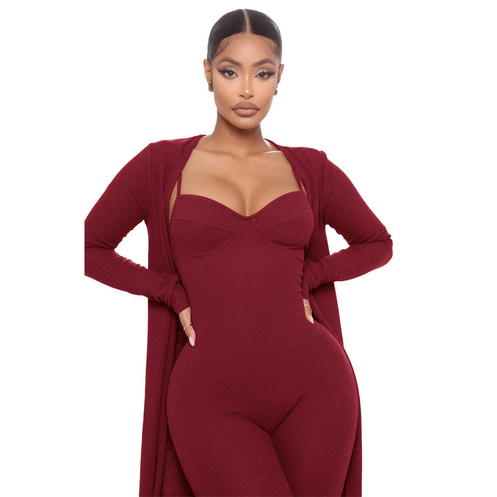 Solid Color Women's Open Maxi Cardigan + Cami Spaghetti Strap V-Neck Jumpsuit 2-Piece Set