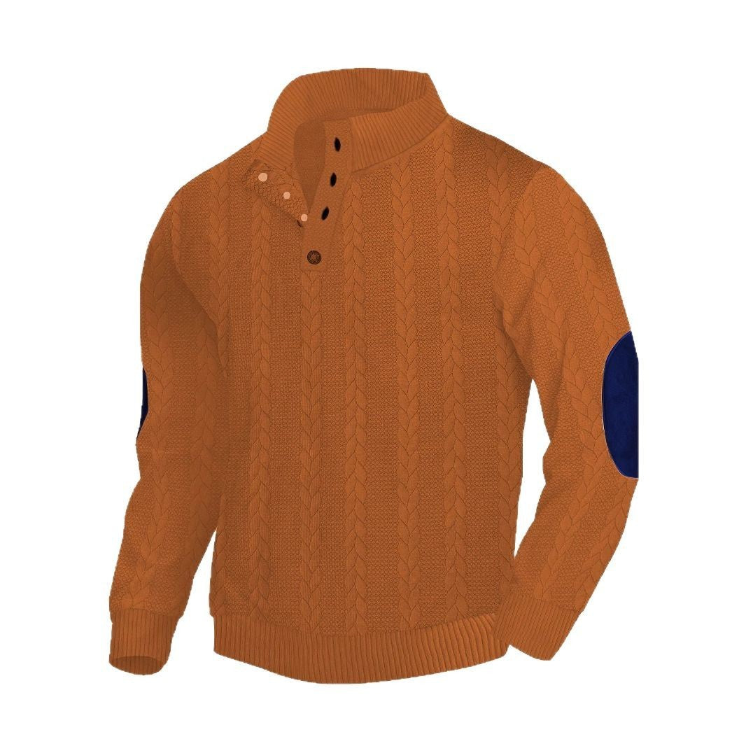 Men's Jacquard Button Design Long Sleeve Embroidered Patch Sweater